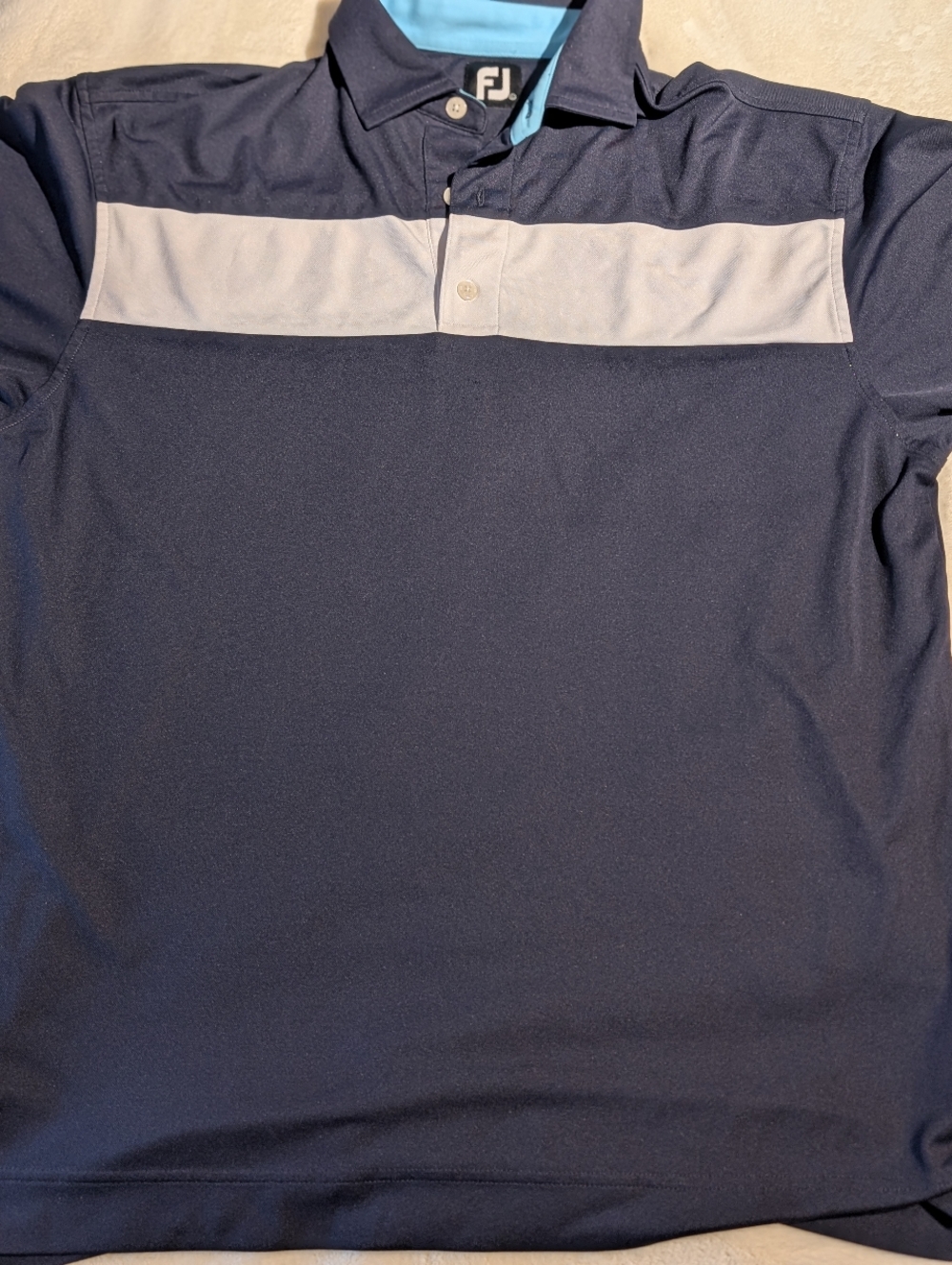 FJ Foot Joy Men’s Navy Polo with White Chest Stripe. Xl